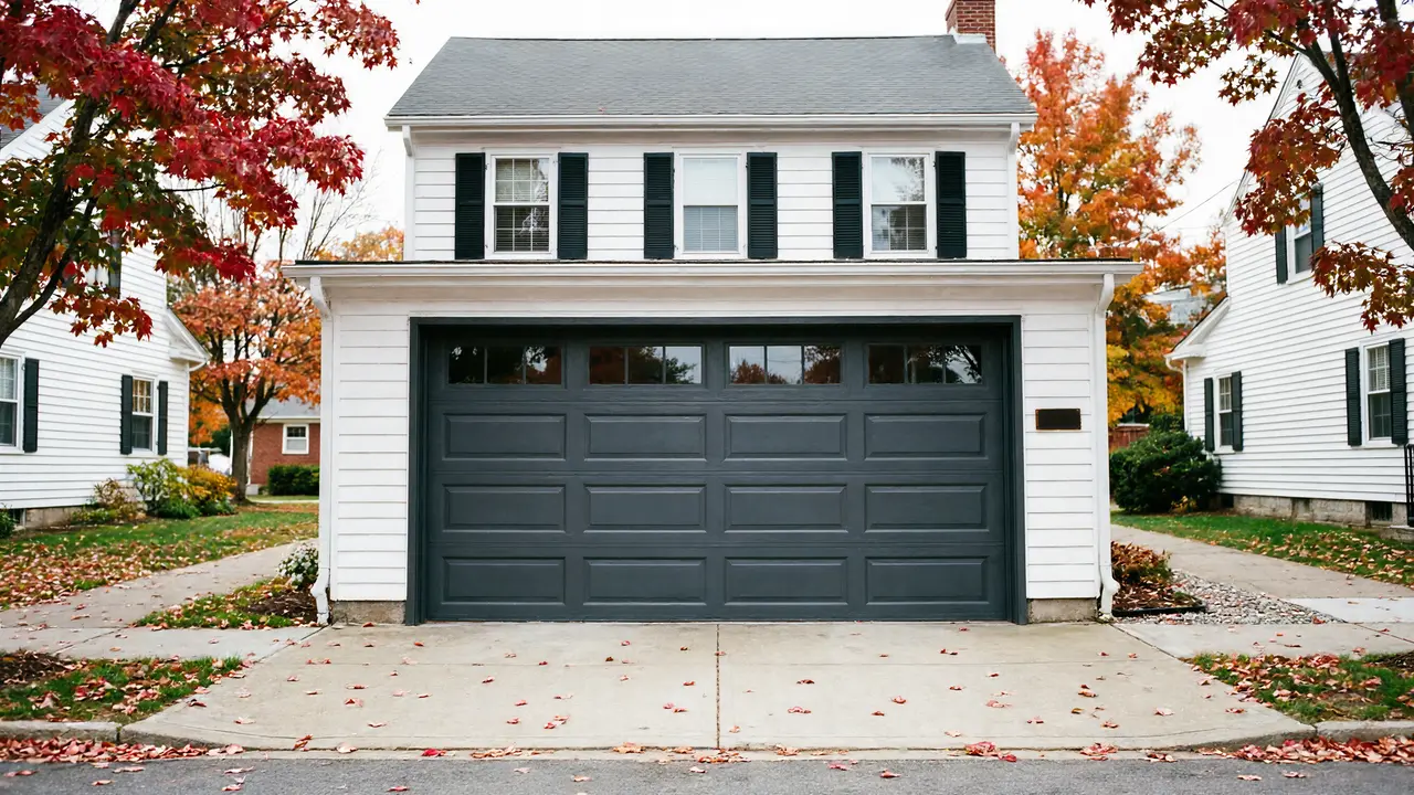 A white house with a dark gray garage door is surrounded by autumn trees.