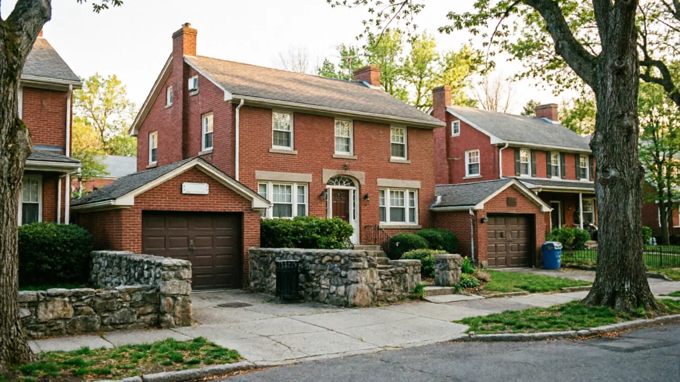 Three brick houses with brown garage doors line a street with trees.