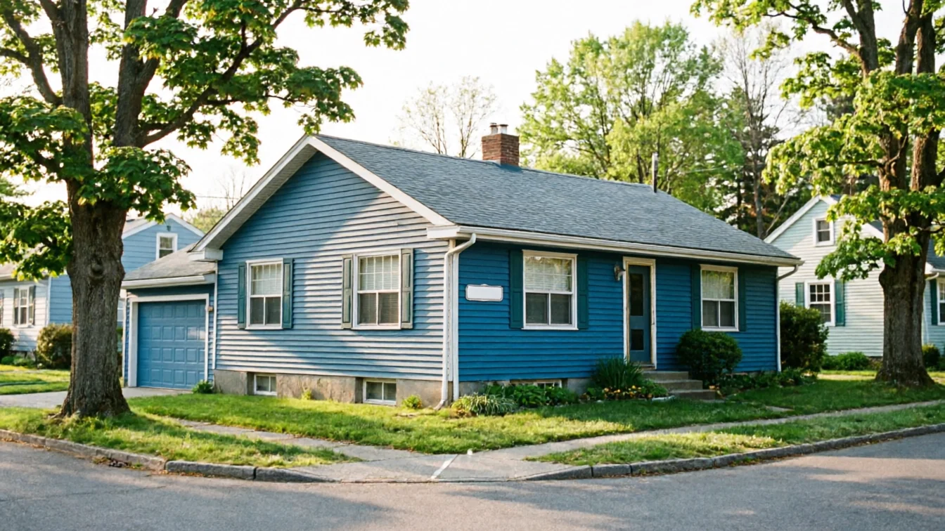 A blue house with a matching garage door sits on a corner lot.