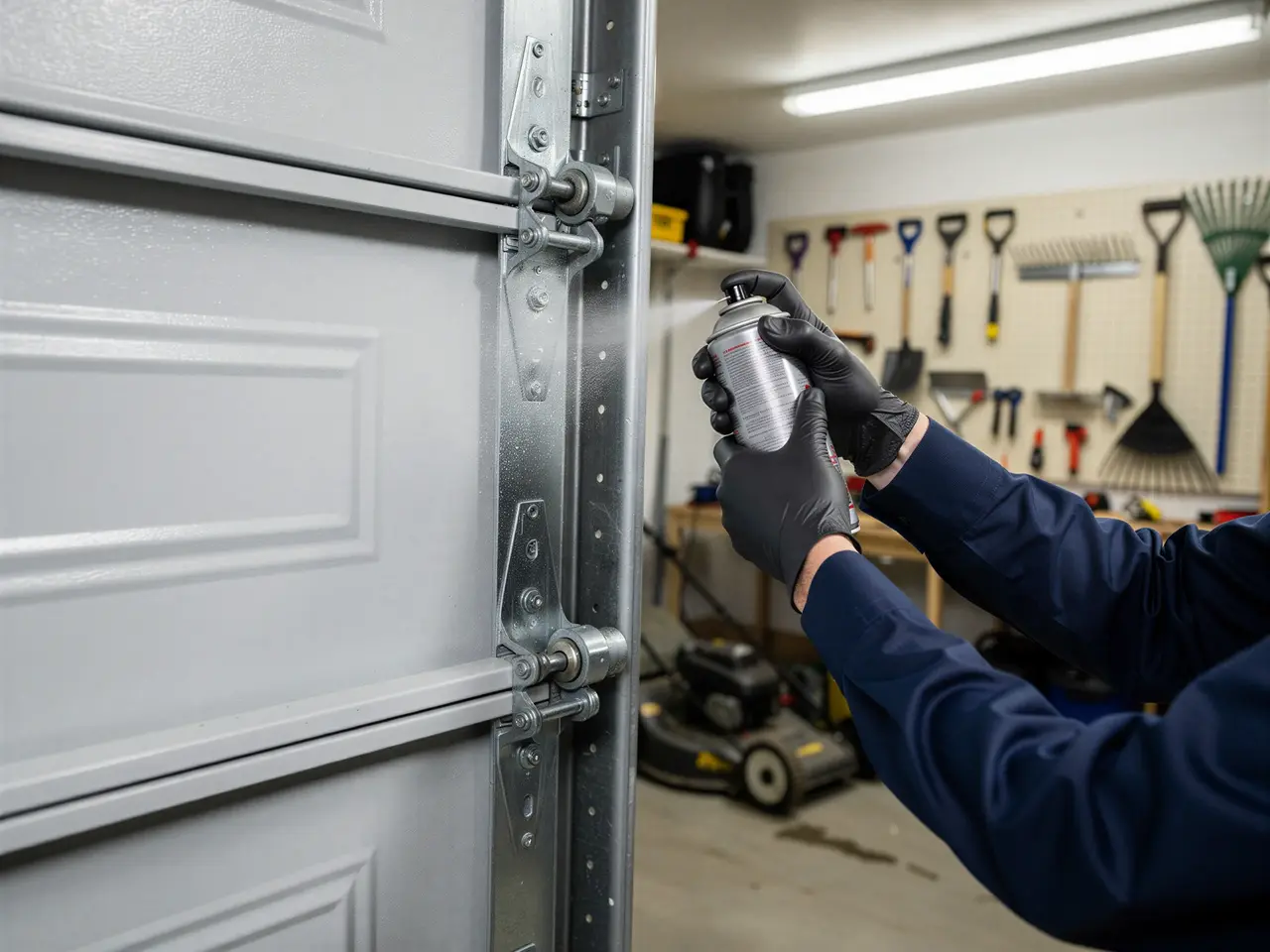 A technician in black gloves sprays lubricant on a garage door hinge and roller.