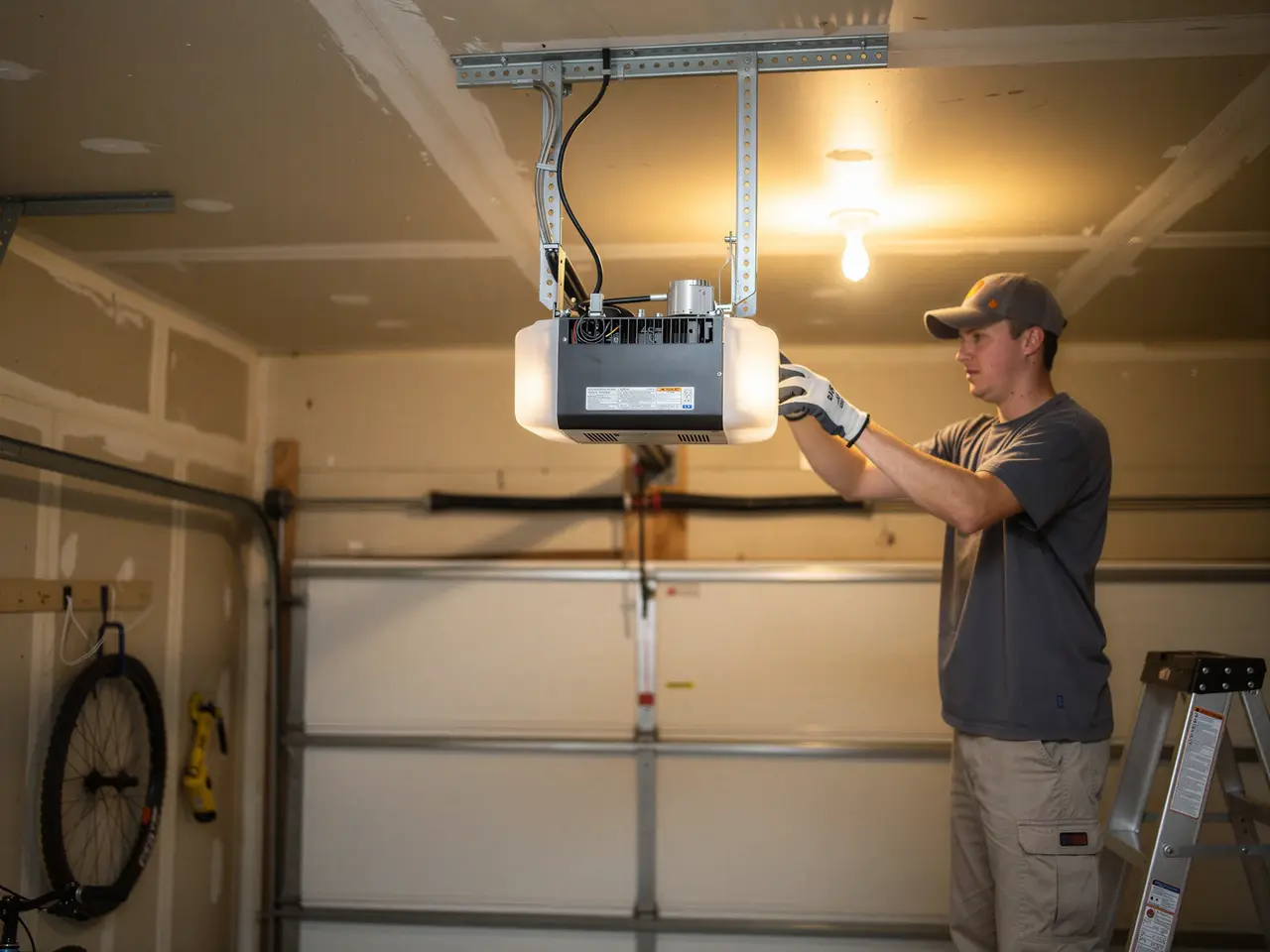 A technician in a cap and gloves installs a garage door opener.