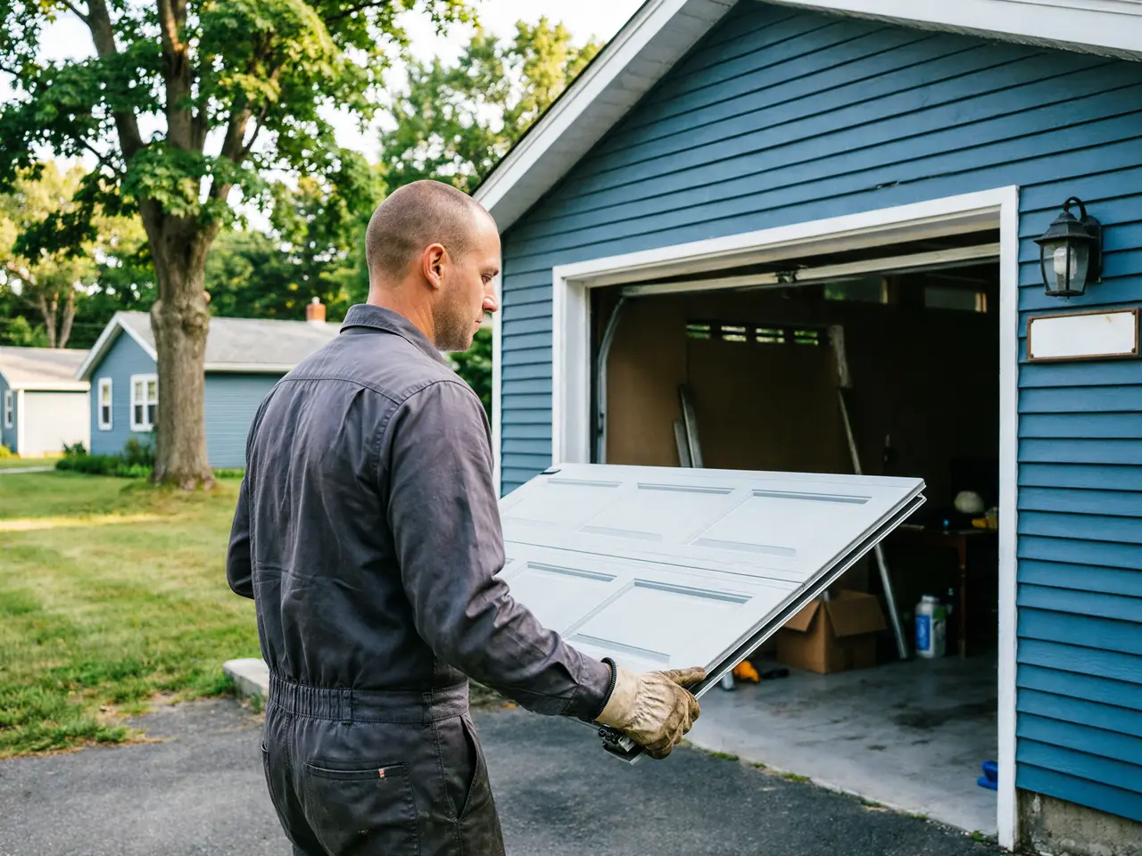 A technician in a gray jumpsuit carries a white garage door panel toward a blue garage.