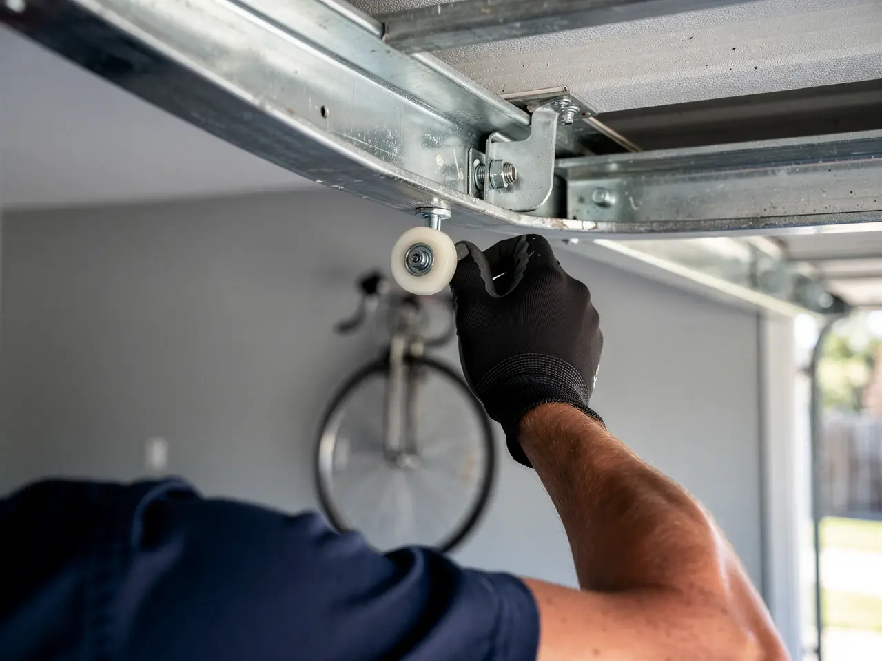 A technician in a black glove adjusts a white roller on a metal garage door track.