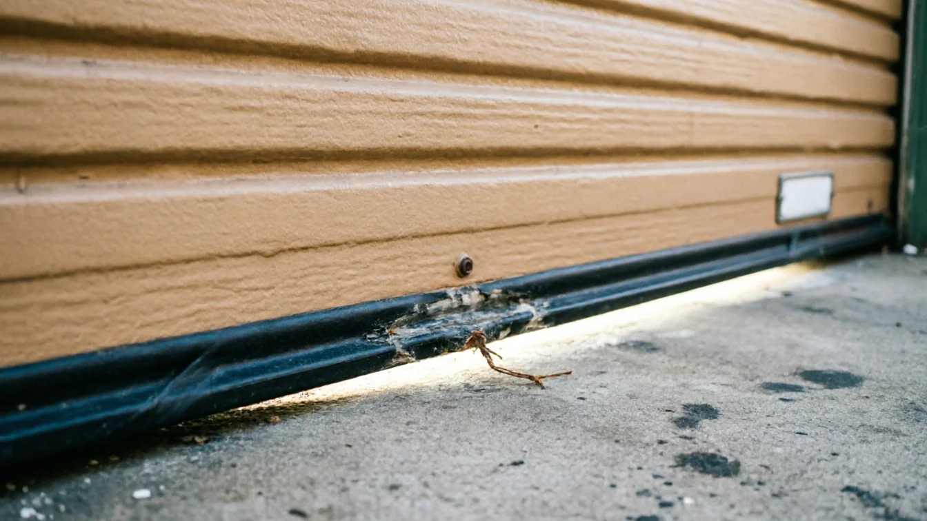 The bottom of a tan garage door has a damaged weather seal and a small gap.