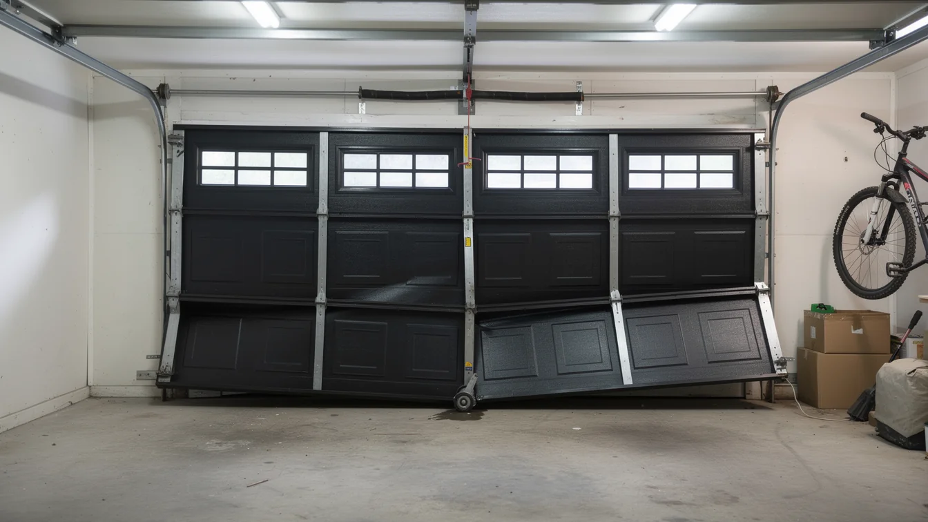 A black garage door with windows is broken and hanging crookedly.